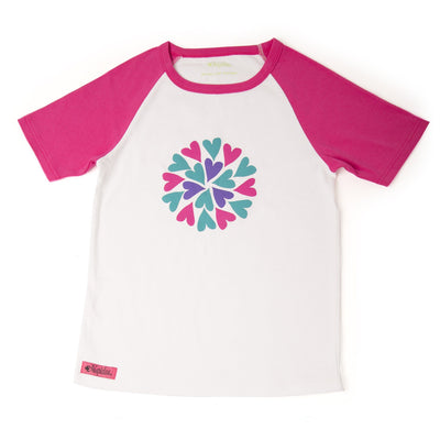 Sleepy Time PJs 2 piece pyjamas white t-shirt with pink, purple and teal heart graphic in varying sizes for girls.