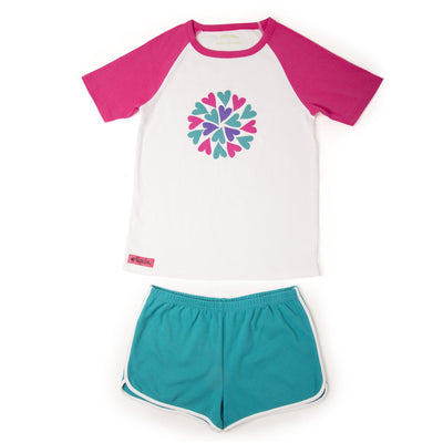 Sleepy Time PJs 2 piece pyjamas white t-shirt with pink, purple and teal heart graphic, teal shorts with white trim in varying sizes for girls.