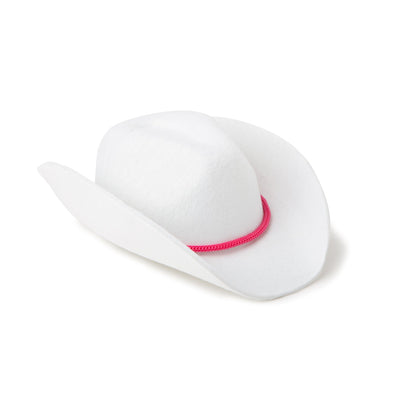 Stampede Style white cowboy hat with pink trim fits all 18 inch dolls.