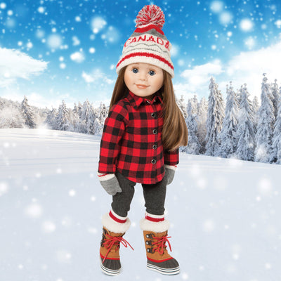 Storm Stompers rugged winter boots with fuzzy lining and red laces. Fits all 18 inch dolls.