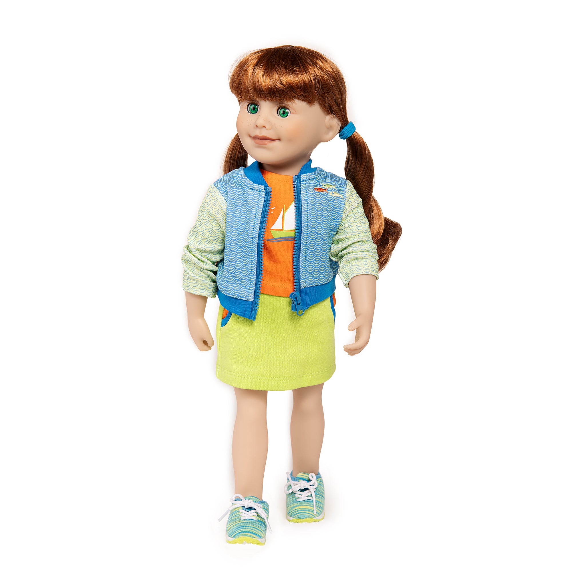 Canadian girl doll wearing a casual sporty outfit with maritime theme.