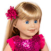 18-inch doll with a flower in her hair that matches her fancy pink party dress