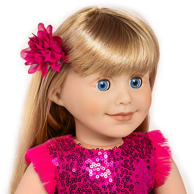18-inch doll with a flower in her hair that matches her fancy pink party dress