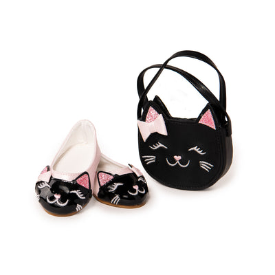 Dolls shoes with a cat face and a doll purse with a cat face.  For 18-Inch dolls