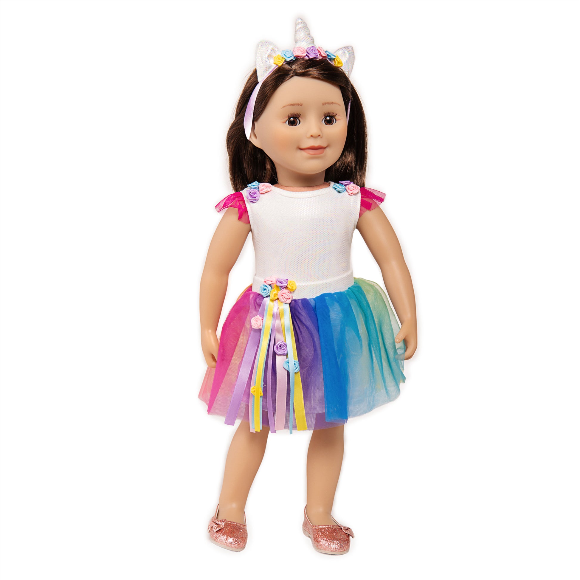 18-inch doll dressed in unicorn outfit with sparkly shoes