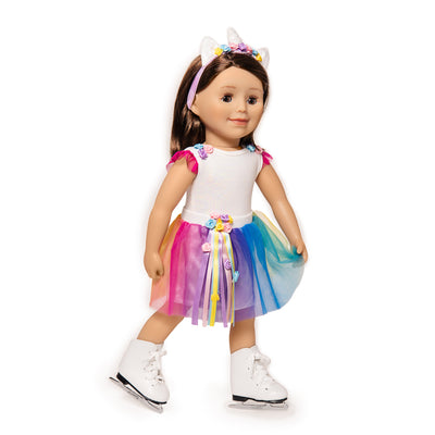 Unicorn themed outfit is shown as a figure skating outfit with skates on 18 inch doll