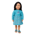 18-inch doll sandals worn by Maplelea doll dressed in co-ordinating teal and aqua dress