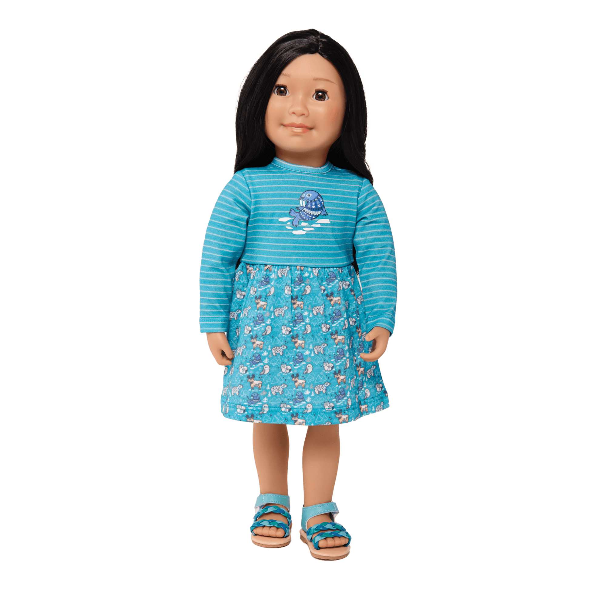 18-inch doll sandals worn by Maplelea doll dressed in co-ordinating teal and aqua dress