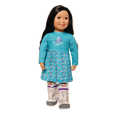 This Inuit doll wears her mukluks with her Arctic Animals dress.  A great Canadian doll outfit.