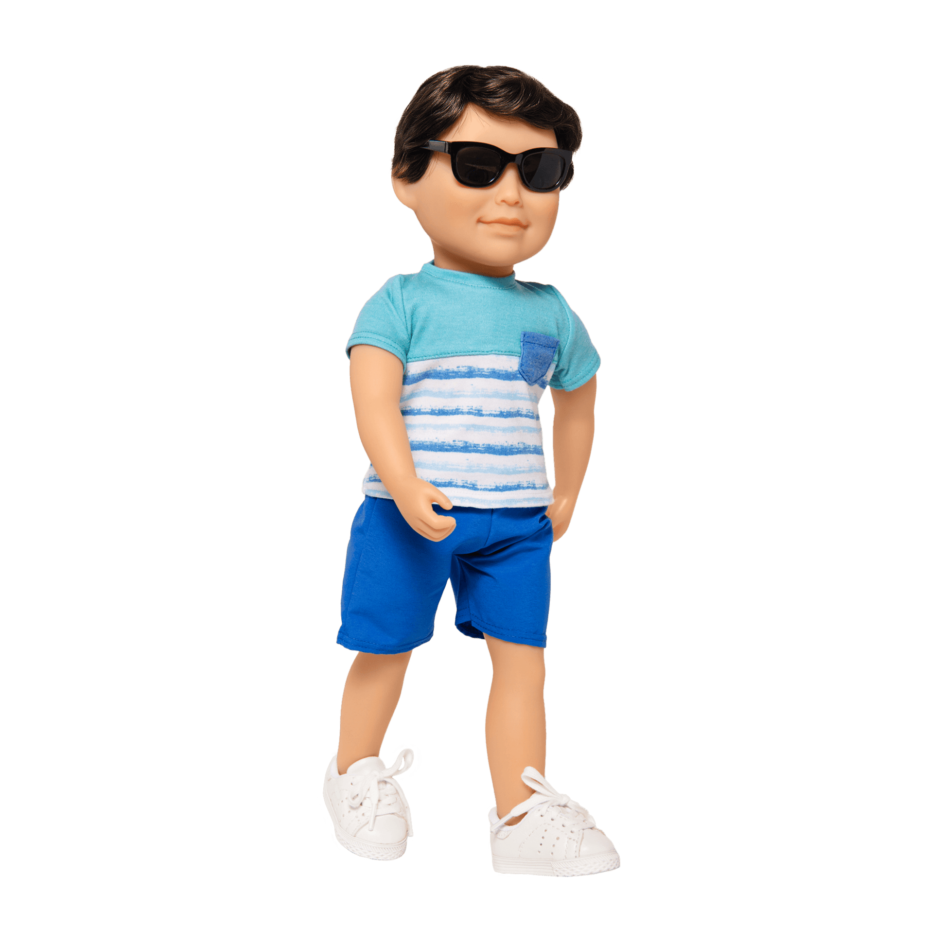 18" boy doll in t-shirt shorts and sunglasses wearing classic white tennis style runners