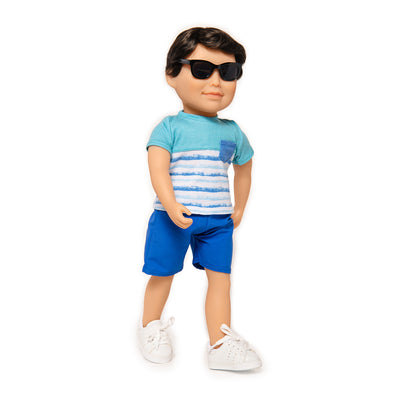 18-inch boy doll wearing tshirt, shorts, runners and sunglasses.