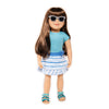 18-inch doll sandals worn by Canadian Girl Doll wearing a summer dress in teal and aqua.