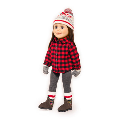 Canadian girl doll wears buffalo plaid shirt, Canada toque, red white grey mitts and leggings