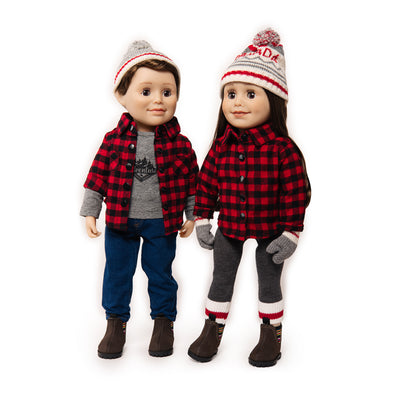 Canadian boy doll and Canadian girl doll wear red and black plaid shirts and Canada toques