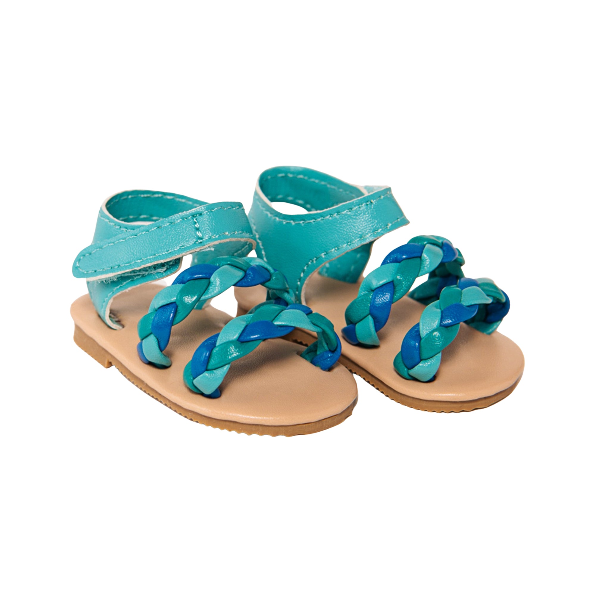 cute braided sandals for 18-inch dolls in aqua and teal