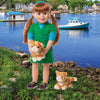 Two orange tabby cats Mackezie and Fox with blue collars shown with 18 inch doll.