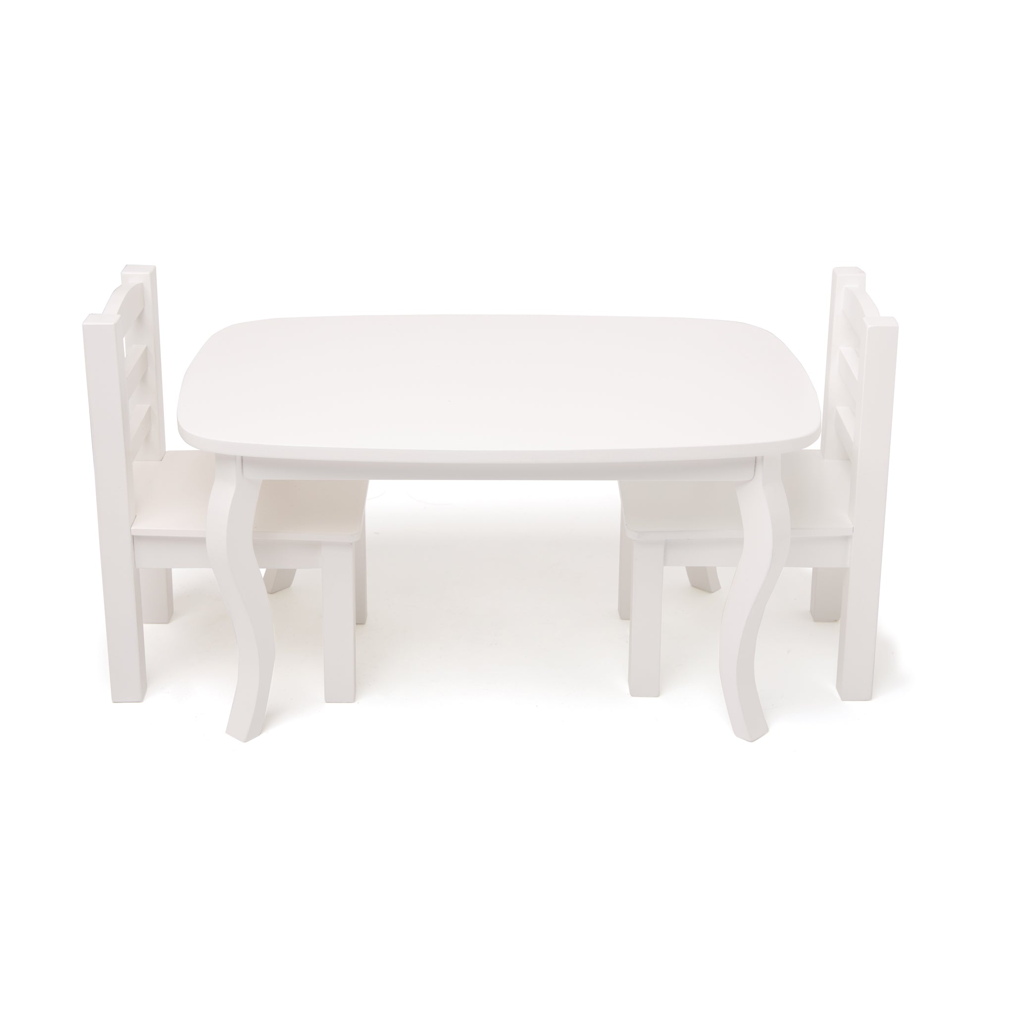 White wooden table and 2 chairs set for all 18 inch dolls. 