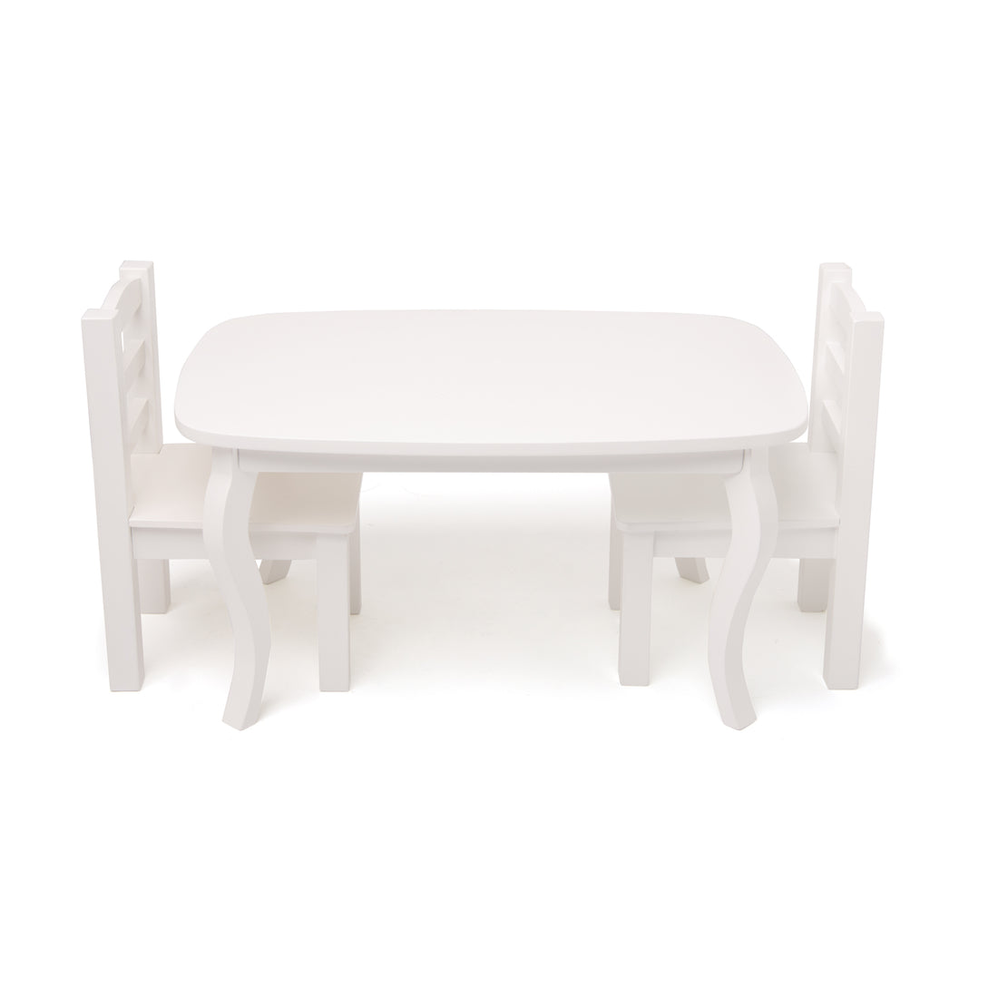 White wooden table and 2 chairs set for all 18 inch dolls. 