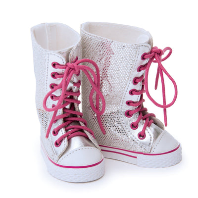 Tread Lightly tall silver sparkly lace-up boots with pink laces fit all 18 inch dolls.