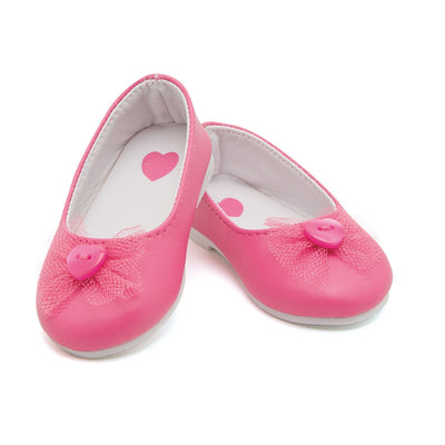 Tutu cute pink ballet flats with heart button fits all 18 inch dolls.