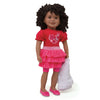 Tutu Cute red t-shirt with heart graphic, pink ruffled skirt, pink knee-length tights, white jean jacket with pink stitching, pink ballet flats with heart fits all 18 inch dolls.