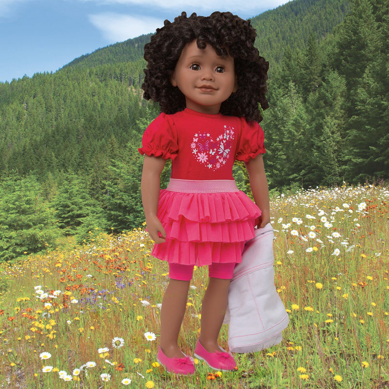 Tutu Cute red t-shirt with heart graphic, pink ruffled skirt, pink knee-length tights, white jean jacket with pink stitching, pink ballet flats with heart fits all 18 inch dolls.  