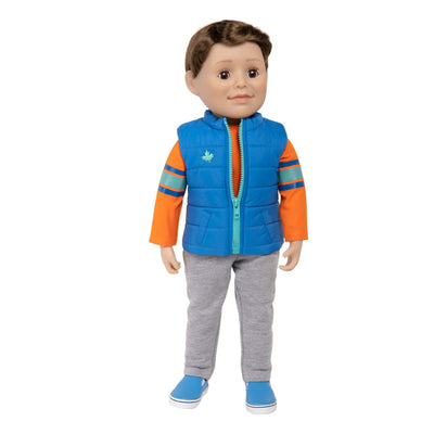 Boy doll from Canada is wearing a blue vest, orange shirt and track pants.  18-inch tall.