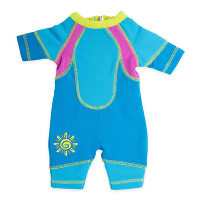 West Coast Waterwear two-tone blue wetsuit with bright green collar, sun graphic and pink accent fits all 18 inch dolls.