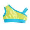 West Coast Waterwear asymmetric sparkly green bathing suit top with blue trim fits all 18 inch dolls.
