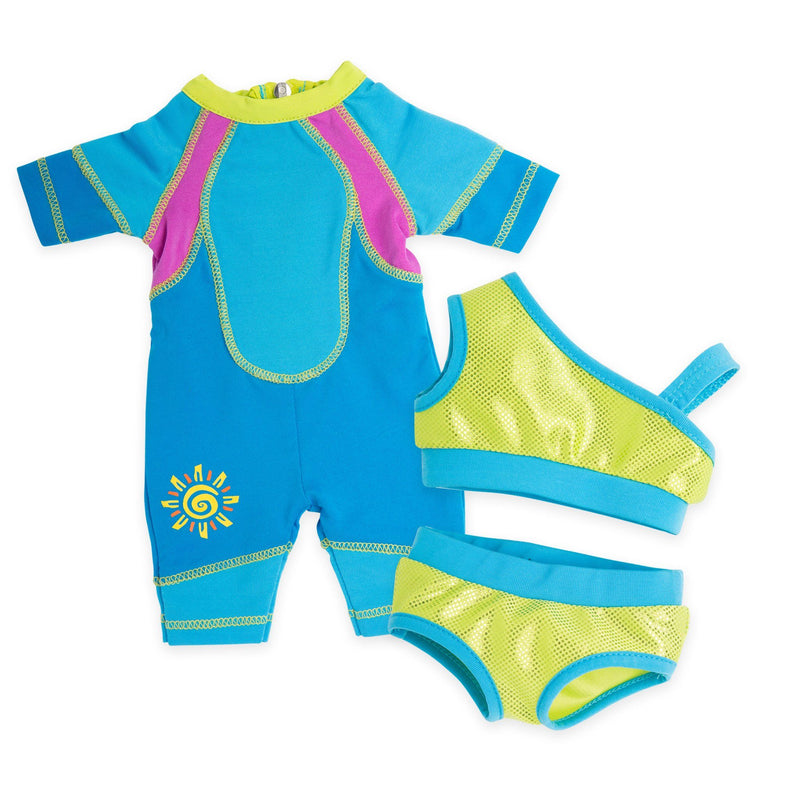 West Coast Waterwear two-piece sparkly green bathing suit with blue trim, two-tone blue wetsuit with sun graphic and pink accent fits all 18 inch dolls. 