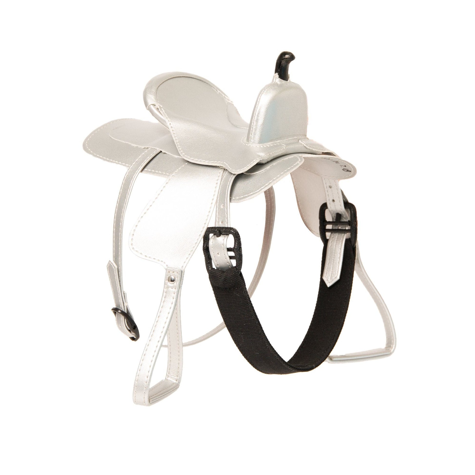White western-style saddle with stirrups made from leather-like material for Brianne's Chinook Pony or horse by Maplelea for 18 inch doll accessory