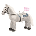 White western-style saddle with stirrups made from leather-like material for Brianne's Chinook Pony by Maplelea. Not including Pony. Showing reversable horse blanket