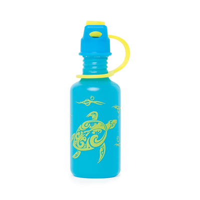 Blue water bottle with sea turtle graphic fits all 18 inch dolls.