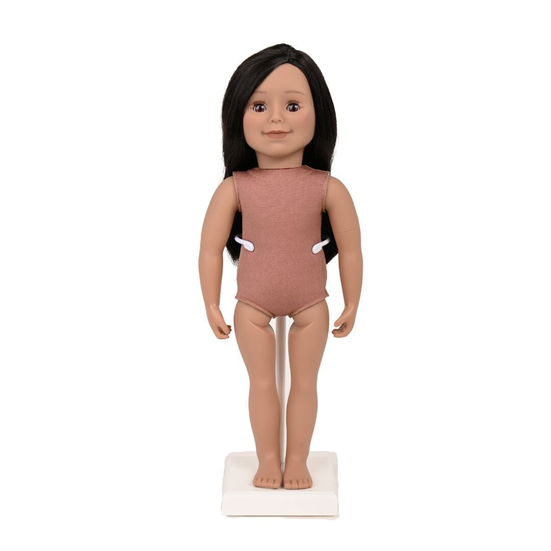 an 18-inch doll on a white doll display stand