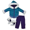 Aputi parka teal and purple snow suit 18 inch dolls, snow pants, winter boots