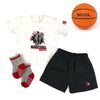 Basketball outfit for 18 inch doll includes graphic t-shirt, gym shorts, socks, and basketball