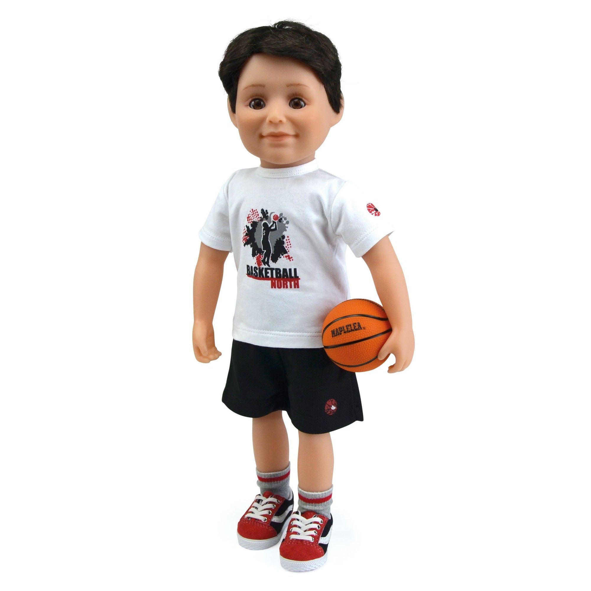 Boy doll wearing a white t-shirt with basketball graphic, black gym shorts, runners and socks