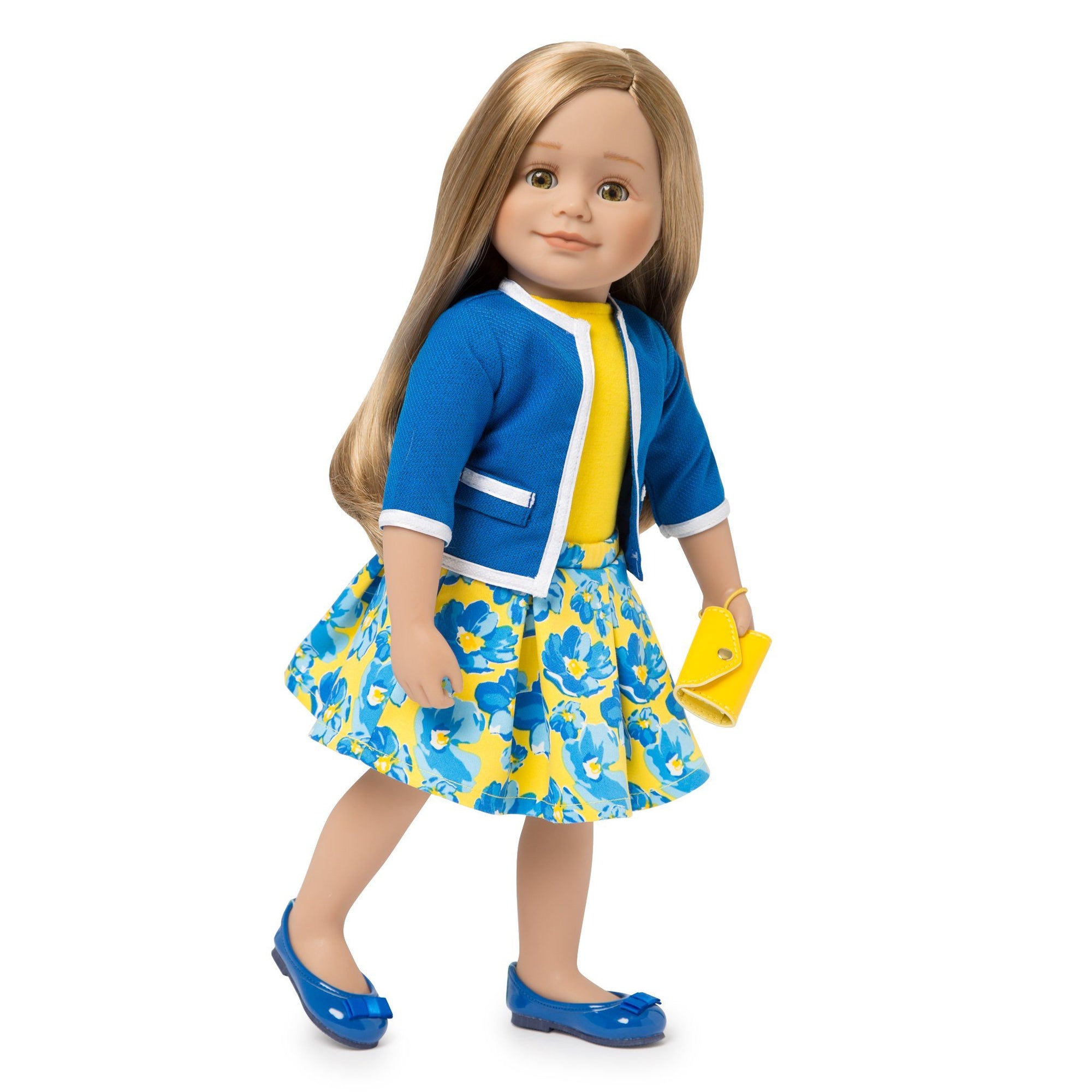 Blue jacket, yellow top, blue and yellow floral skirt, yellow wristlet, blue flats for 18 inch dolls