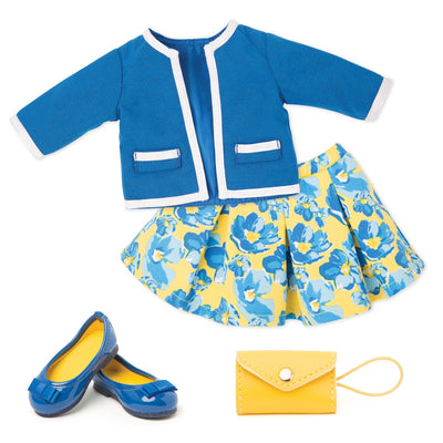 Blue jacket with white trim, blue and yellow floral skirt, yellow wristlet and blue flats