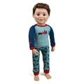 18 inch boy doll wearing Canadian pajamas with bear and moose pattern PJs matching the child.