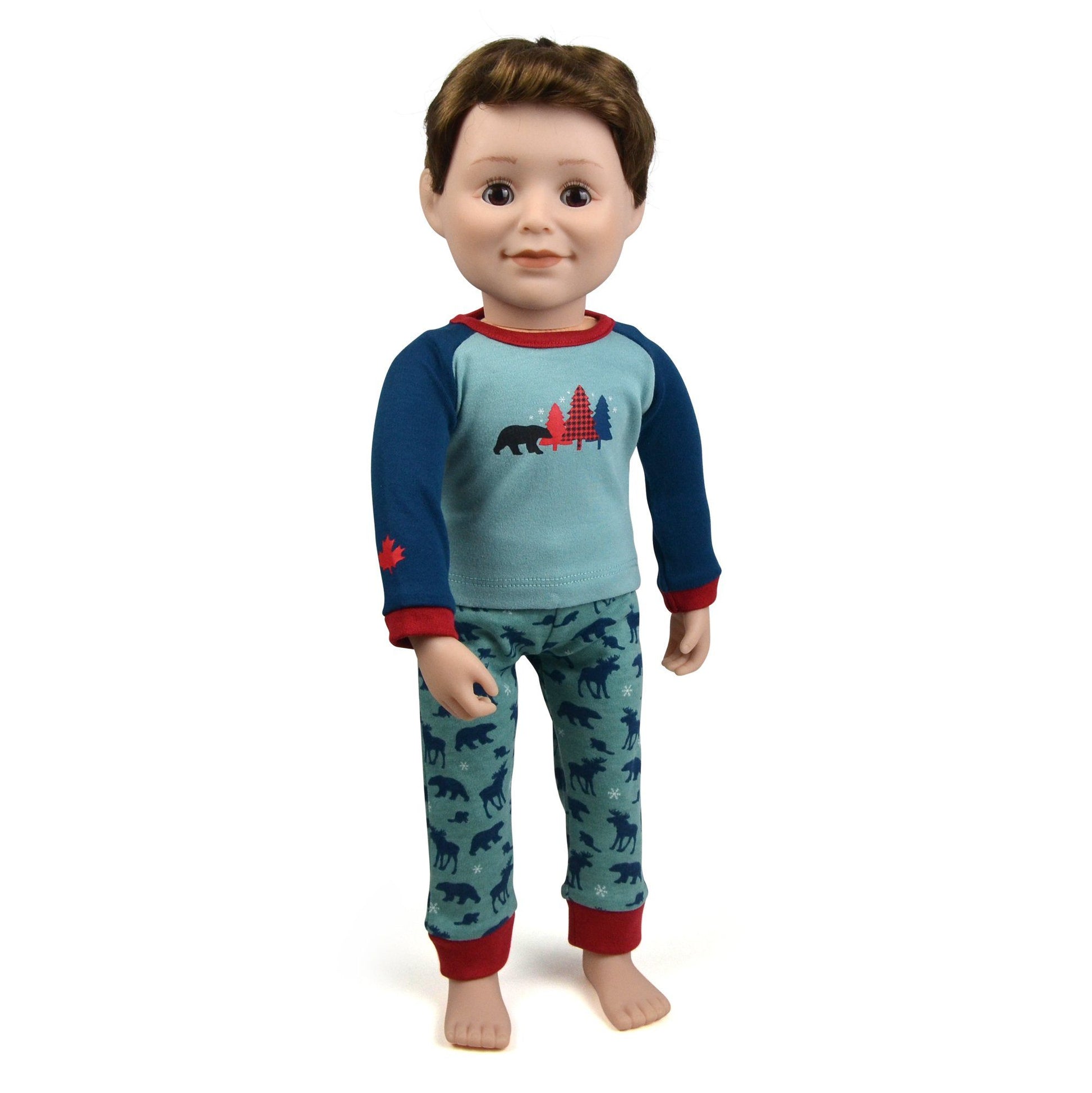 18 inch boy doll wearing Canadian pajamas with bear and moose pattern PJs matching the child.