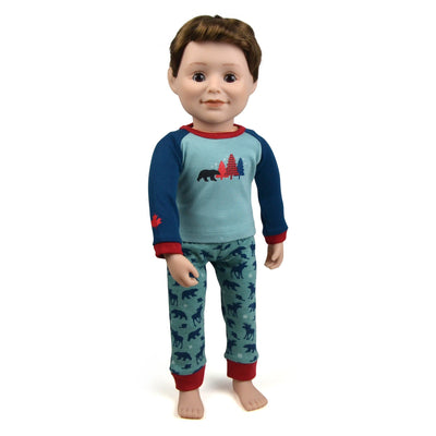 18 inch boy doll wearing Canadian pajamas with bear and moose pattern PJs matching the child.