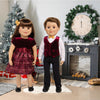 Maplelea boy doll and girl doll dressed in their festive outfits for the holidays
