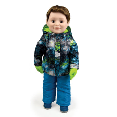 18 inch boy doll  wearing teal and green snowsuit with mittens and boots