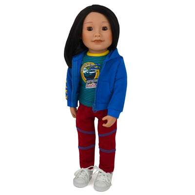 Doll wearing an outfit with a northern aviation them.  Suitable for girl and boy dolls.