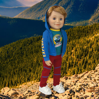 Blue hoody with EXPLORE graphic striped tshirt with float plane northern aviation track pants outfit for 18 inch dolls