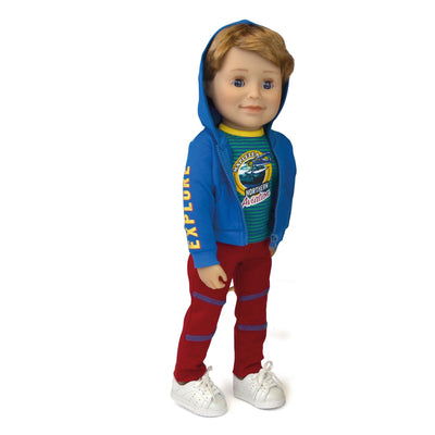Blue zip-up hoody with EXPLORE graphic striped ringer tee with float plane northern aviation red track pants outfit for 18 inch dolls