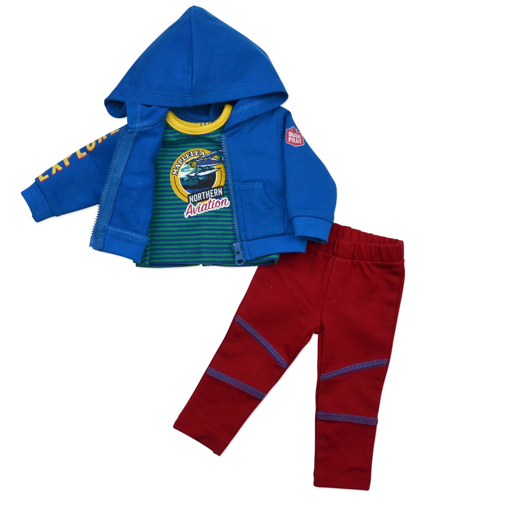 Blue hoody with EXPLORE graphic striped tee with float plane northern aviation red track pants 