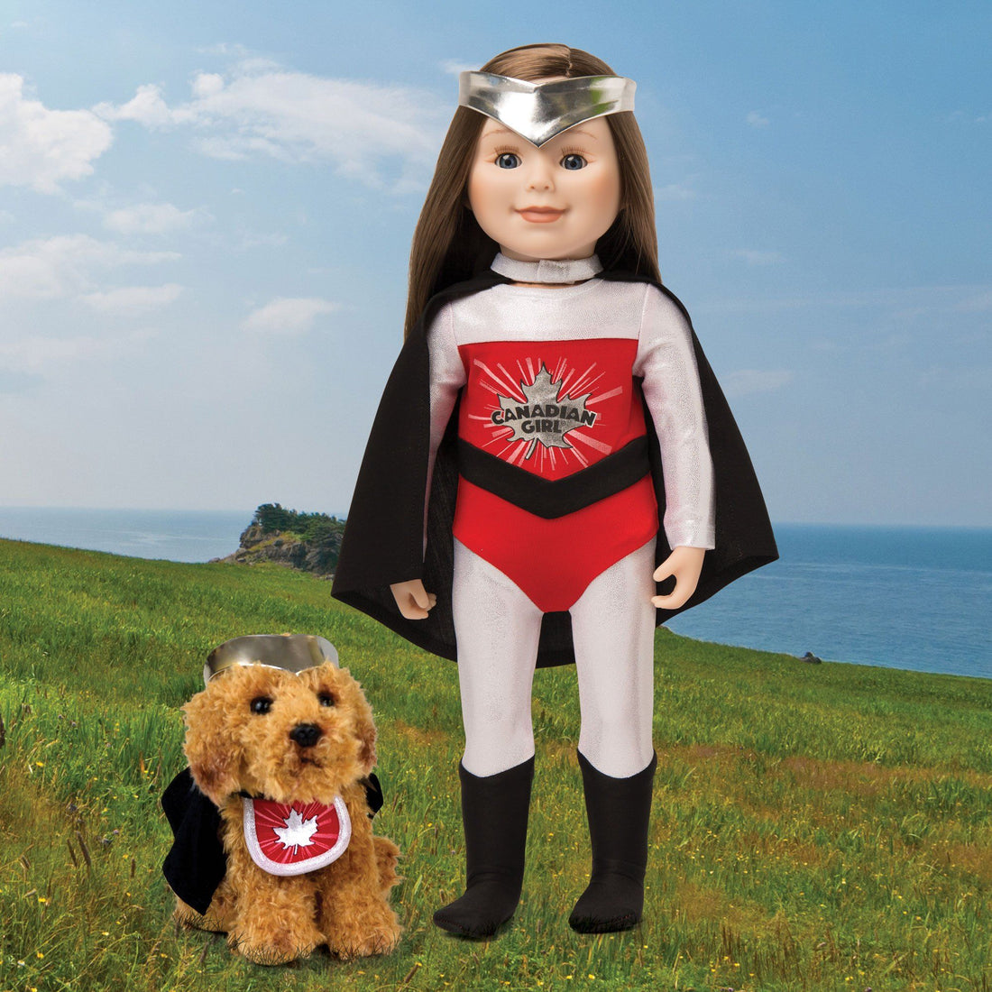 18-inch Maplelea doll and her dog dressed in Canadian Girl and Canadian Pup superhero costumes