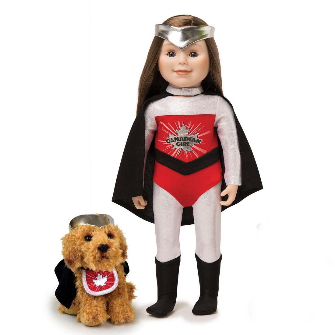 18-inch Maplelea doll and her dog dressed in Canadian Girl and Canadian Pup superhero costumes